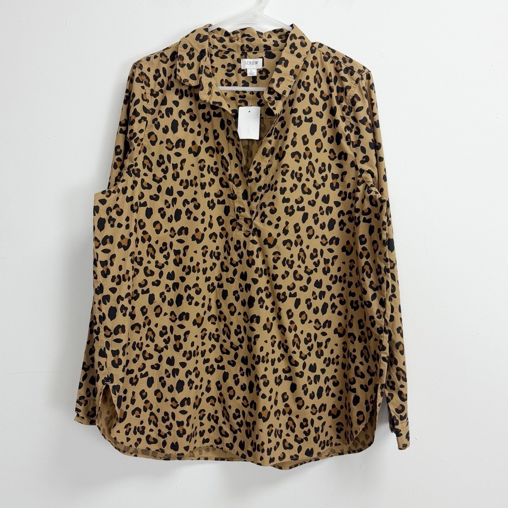 J Crew Shirt Womens Large Tan Leopard High Low Popover Tunic Top Blouse NWT NEW